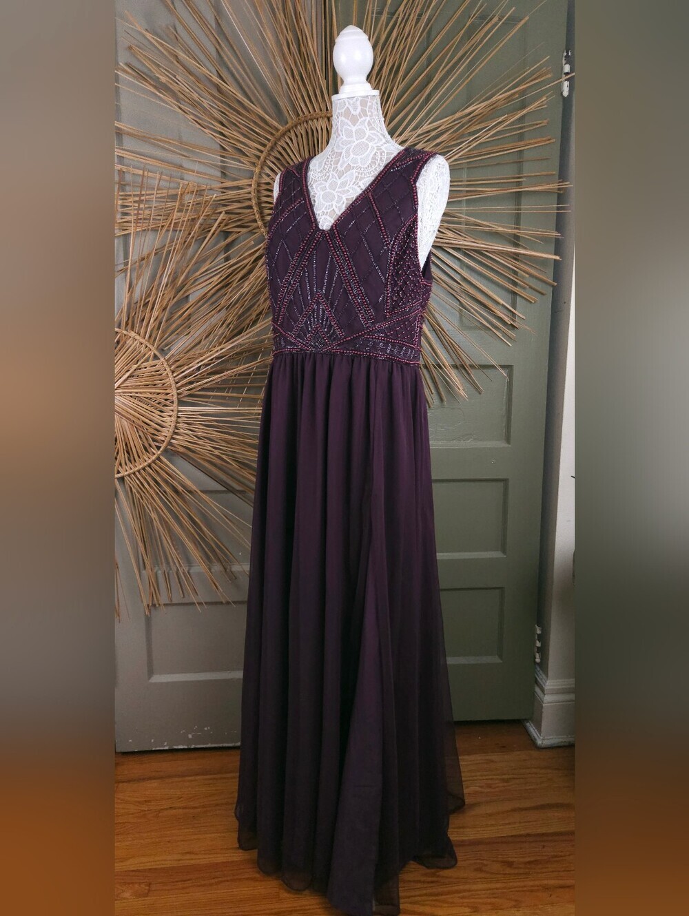 ASOS Eggplant Purple Tulle Maxi Dress Beaded Sequin Formal Evening Gown US 14